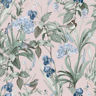 Dutch Wallcoverings Vliesbehang - Botanique- Birds & Flowers roze/blauw - M647-03