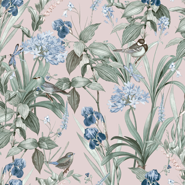 Dutch Wallcoverings Dutch Wallcoverings - Botanique- Birds & Flowers roze/blauw - vliesbehang - 10m x 53cm - M647-03