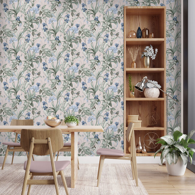 Dutch Wallcoverings Dutch Wallcoverings - Botanique- Birds & Flowers roze/blauw - vliesbehang - 10m x 53cm - M647-03