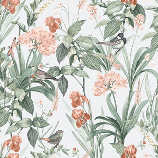 Dutch Wallcoverings Vliesbehang - Botanique- Birds & Flowers groen/roze - M647-04
