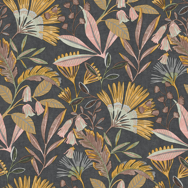 Dutch Wallcoverings Dutch Wallcoverings - Ciara- Matisse Tropical zw/roze/oker - vliesbehang - 10m x 53cm - A63803