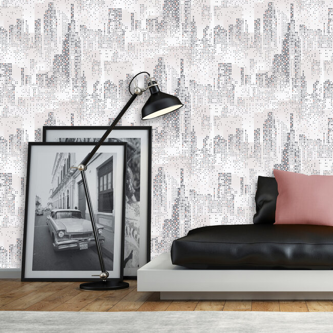 Dutch Wallcoverings Duch Wallcoverings - Loft- skyscrapers grafisch wit/zilv/roze - vliesbehang - 10m x 53cm - M463-03
