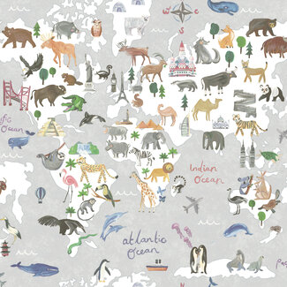 Dutch Wallcoverings Papierbehang - Dream Catcher- Animal Maps Grey - 13252