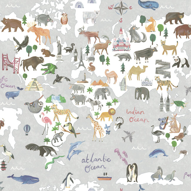 Dutch Wallcoverings Dutch Wallcoverings - Dream Catcher- Animal Maps Grey - Papierbehang - 10m x 53cm - 13252