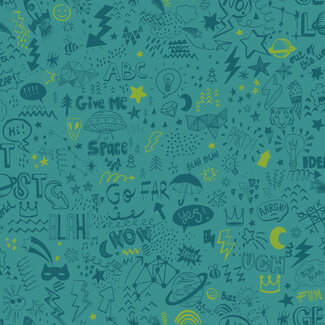 Dutch Wallcoverings Papierbehang - Dream Catcher- Doodle Teal/Yellow - 13341