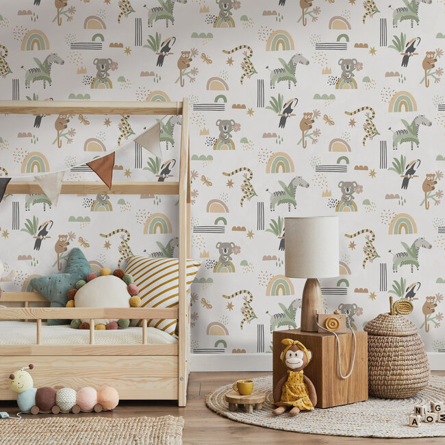 Dutch Wallcoverings Dutch Wallcoverings - Dream Catcher- Abst. Animals Sage/Beige - Papierbehang - 10m x 53cm - 13351