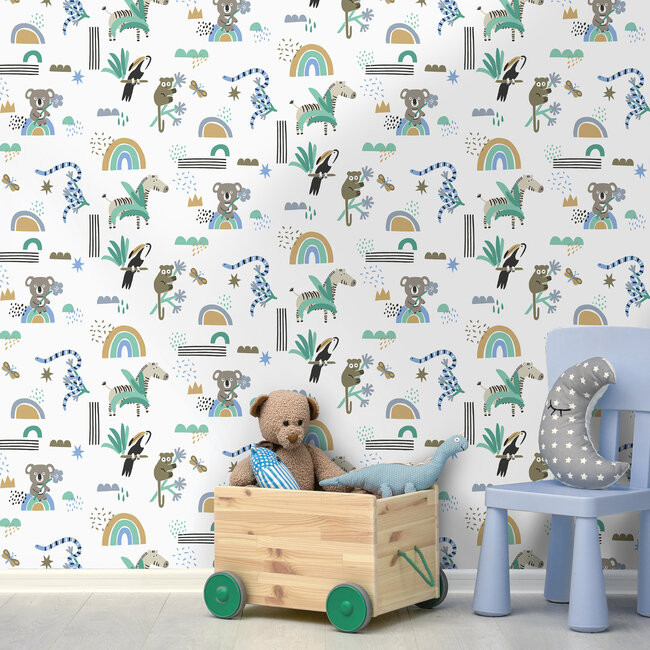 Dutch Wallcoverings Dutch Wallcoverings - Dream Catcher- Abst. Animals Blue/Teal - Papierbehang - 10m x 53cm - 13352
