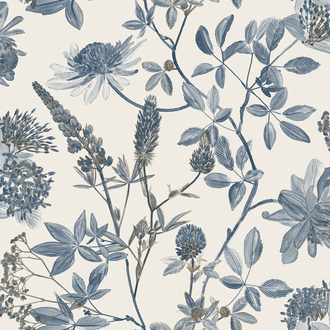 Dutch Wallcoverings Dutch Wallcoverings - Elegance- tak/bloem wit/blauw - Vliesbehang - 10m x 53cm - M458-01