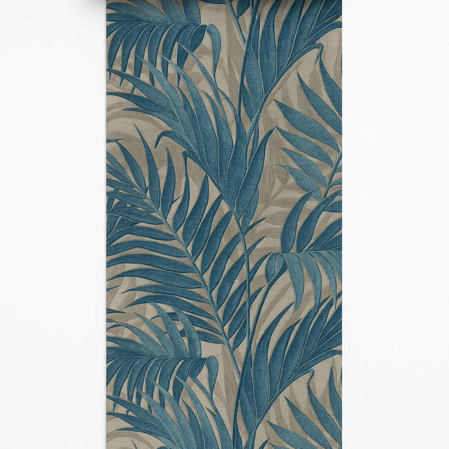 Dutch Wallcoverings Vliesbehang - Grace Tropical palm leaf petrol/beige - GR322108