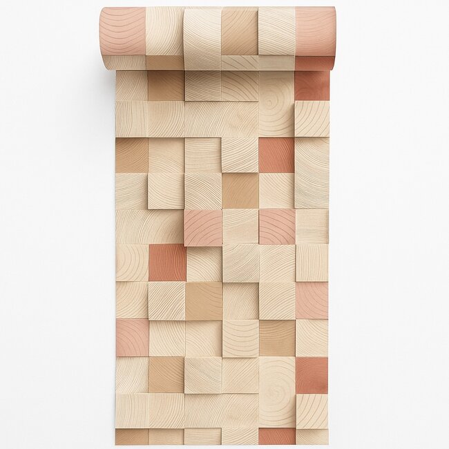 Dutch Wallcoverings Dutch Wallcoverings - Artifice- houtblokken beige/oudroze - Vliesbehang - 10m x 53cm - M801-10