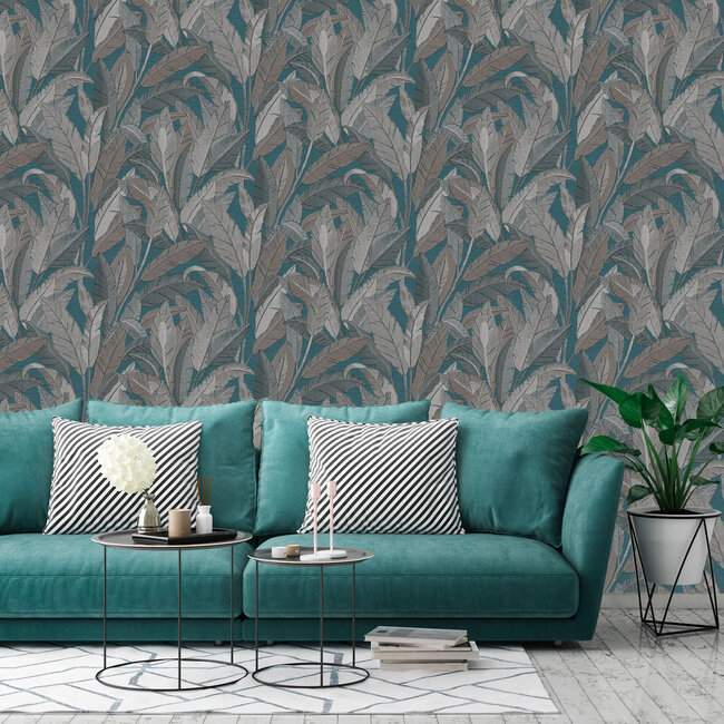 Dutch Wallcoverings Dutch Wallcoverings - Renaissance - Leaves Petrol Blue- Vliesbehang - 10m x 53cm - RE521056