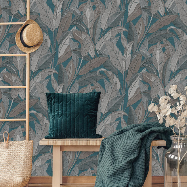 Dutch Wallcoverings Dutch Wallcoverings - Renaissance - Leaves Petrol Blue- Vliesbehang - 10m x 53cm - RE521056