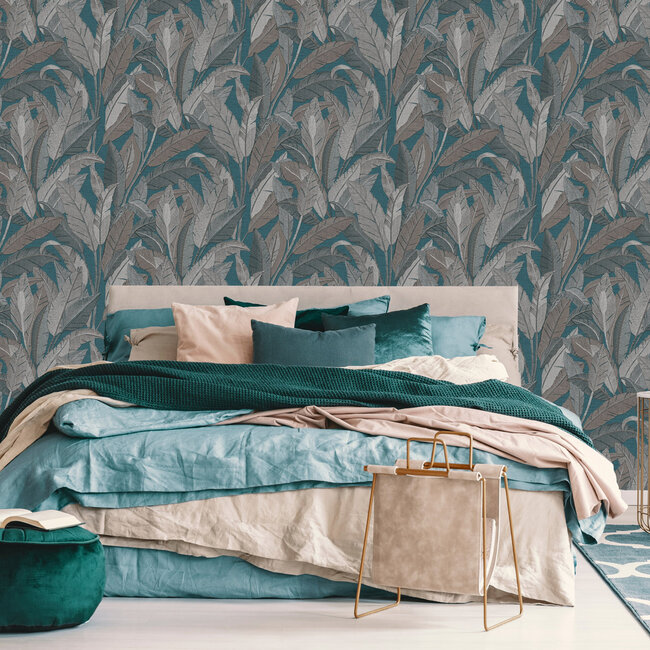 Dutch Wallcoverings Dutch Wallcoverings - Renaissance - Leaves Petrol Blue- Vliesbehang - 10m x 53cm - RE521056