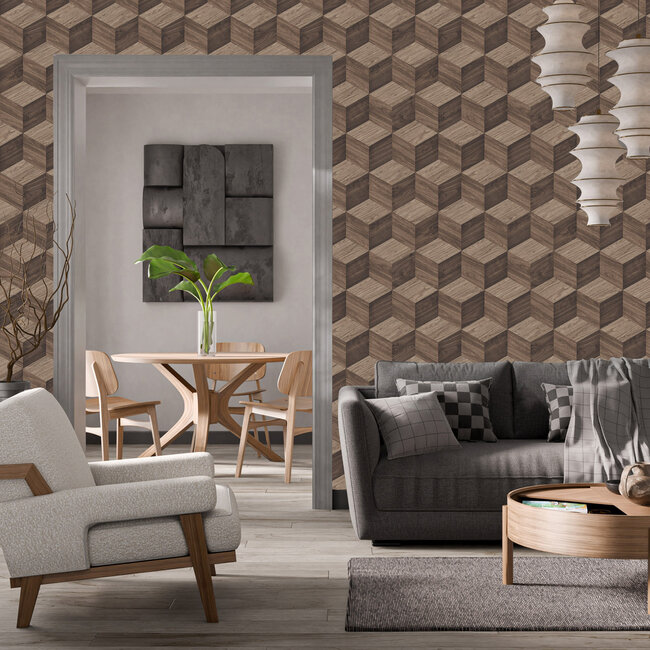 Dutch Wallcoverings Dutch Wallcoverings - Renaissance - Natural Cube Brown - Vliesbehang - 10m x 53cm - RE521094