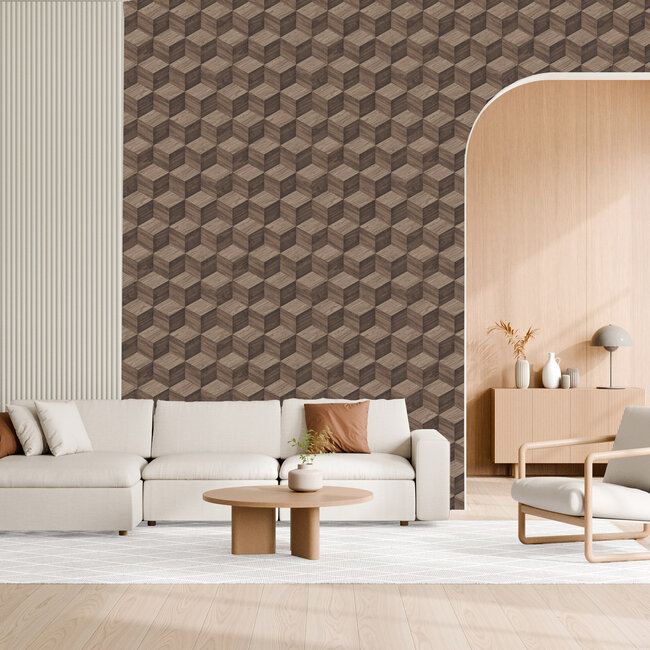 Dutch Wallcoverings Dutch Wallcoverings - Renaissance - Natural Cube Brown - Vliesbehang - 10m x 53cm - RE521094