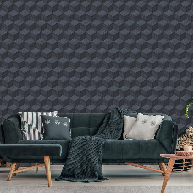 Dutch Wallcoverings Dutch Wallcoverings - Renaissance - Natural Cube Cobolt - Vliesbehang - 10m x 53cm - RE521095