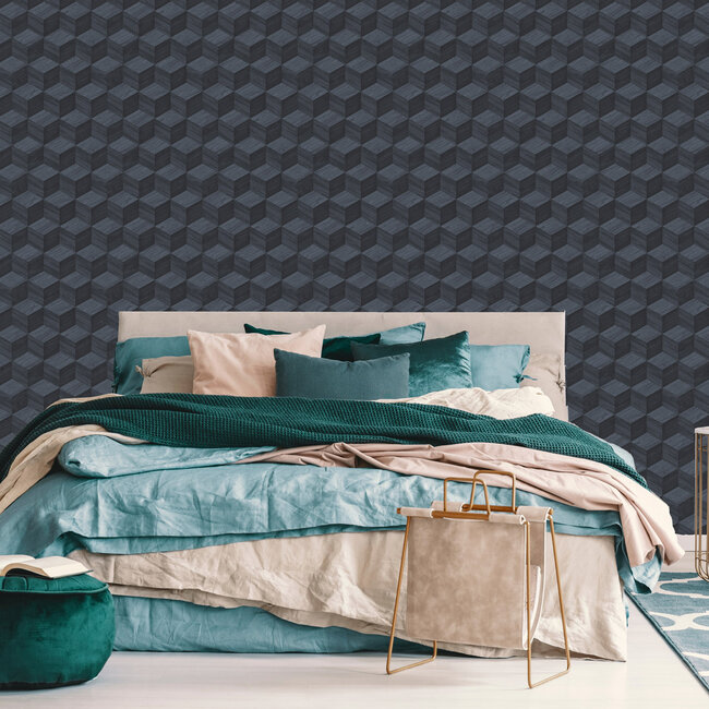 Dutch Wallcoverings Dutch Wallcoverings - Renaissance - Natural Cube Cobolt - Vliesbehang - 10m x 53cm - RE521095
