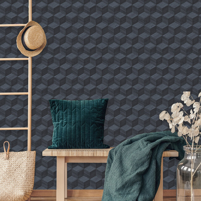 Dutch Wallcoverings Dutch Wallcoverings - Renaissance - Natural Cube Cobolt - Vliesbehang - 10m x 53cm - RE521095