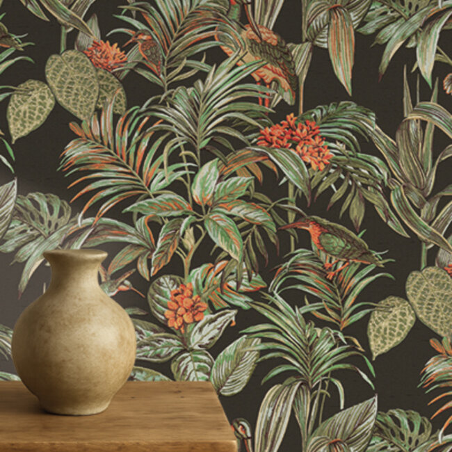 Dutch Wallcoverings Wallstitch bird of paradise black - vliesbehang - 10m x 53cm - DE120015