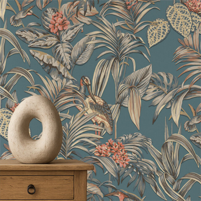 Dutch Wallcoverings Wallstitch bird of paradise blue - vliesbehang - 10m x 53cm - DE120016
