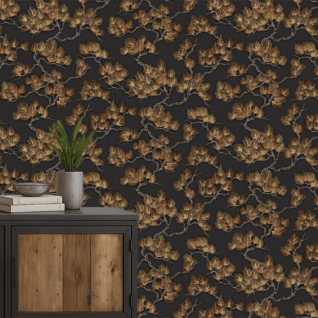 Dutch Wallcoverings Wall Fabric pine tree black - vliesbehang - 10mx53cm - WF121015