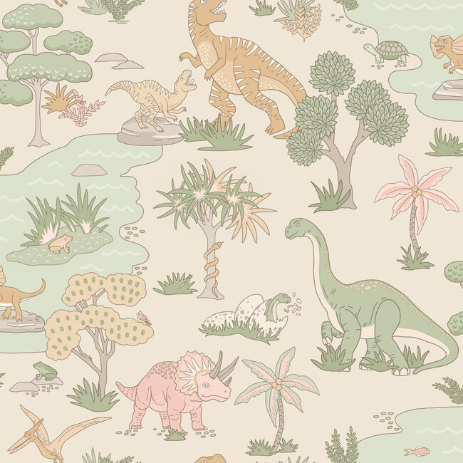 Dutch Wallcoverings Dutch Wallcoverings - Adventure Awaits - Dino Zoo Pink/Sage - Pink/Sage - 14013