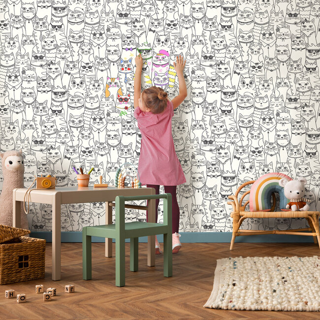 Dutch Wallcoverings Dutch Wallcoverings - Adventure Awaits - Colour-me Cats Black/White - Black/White - 14070