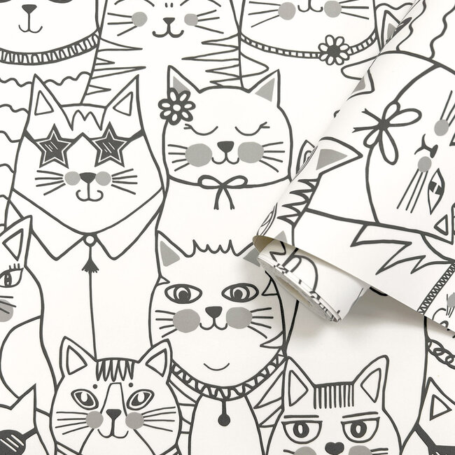 Dutch Wallcoverings Dutch Wallcoverings - Adventure Awaits - Colour-me Cats Black/White - Black/White - 14070