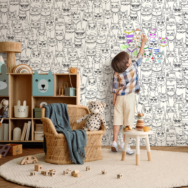 Dutch Wallcoverings Dutch Wallcoverings - Adventure Awaits - Colour-me Cats Black/White - Black/White - 14070