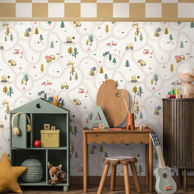 Dutch Wallcoverings Dutch Wallcoverings - Adventure Awaits - Roundabout Road Cream/Multi - Cream/Multi - 14080