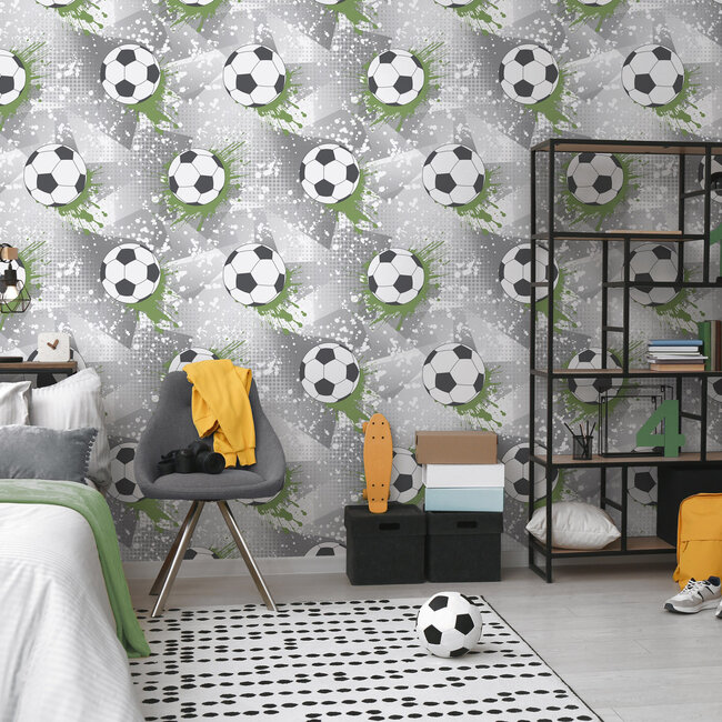 Dutch Wallcoverings Dutch Wallcoverings - Adventure Awaits - Football Frenzy Grey/Green - Grey/Green - 14092