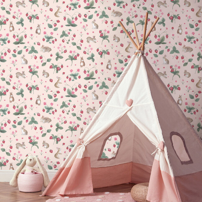 Dutch Wallcoverings Dutch Wallcoverings - Adventure Awaits - Bunnies & Berries Pink - Pink - 14141
