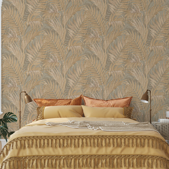 Dutch Wallcoverings Duch Wallcoverings - Grace Tropical palm leaf green/gold - vliesbehang - 10m x 53cm - GR322105