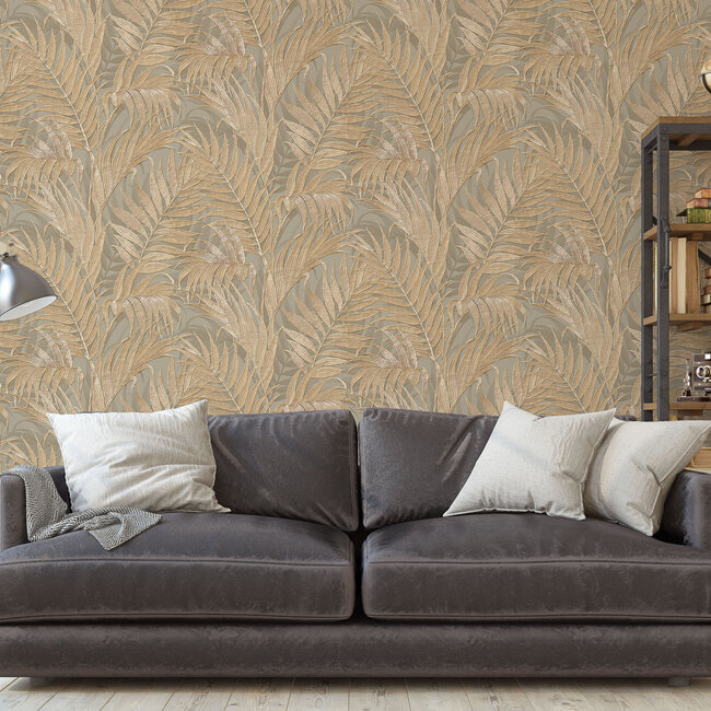 Dutch Wallcoverings Duch Wallcoverings - Grace Tropical palm leaf green/gold - vliesbehang - 10m x 53cm - GR322105