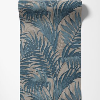 Dutch Wallcoverings Vliesbehang - Grace Tropical palm leaf petrol/beige - GR322108