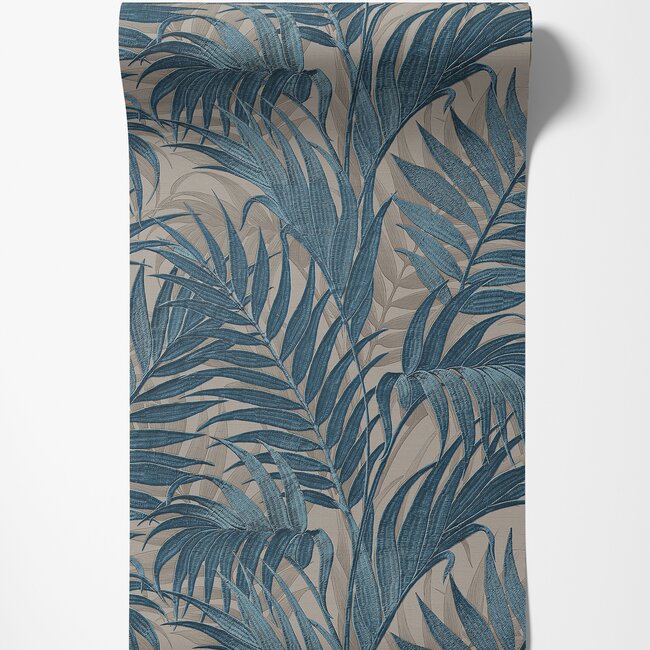 Dutch Wallcoverings Vliesbehang - Grace Tropical palm leaf petrol/beige - GR322108