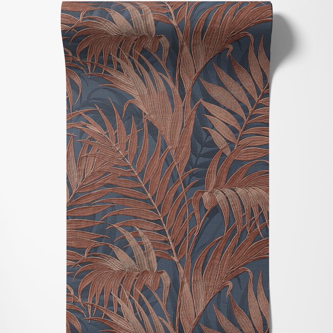 Dutch Wallcoverings Duch Wallcoverings - Grace Tropical palm leaf blue/copper - vliesbehang - 10m x 53cm - GR322109