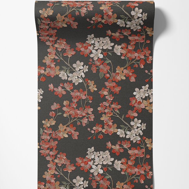 Dutch Wallcoverings Duch Wallcoverings - Grace Cherry blossom black/red - vliesbehang - 10m x 53cm - GR322207