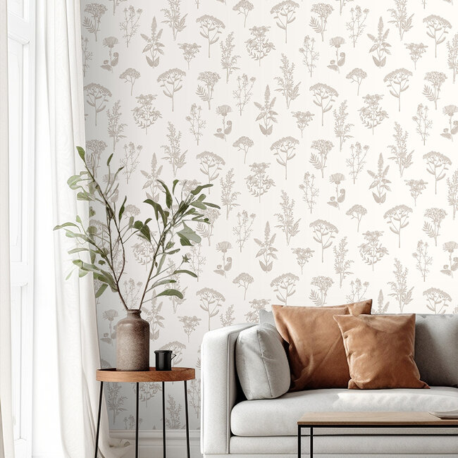 Dutch Wallcoverings Dutch Wallcoverings - Flora- veldbloemen wit/zilver - M805-07 - Vliesbehang - 53cm x 10m