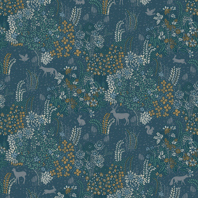Dutch Wallcoverings Dutch Wallcoverings - Flora- bosdieren donkerblauw - M867-01 - Vliesbehang - 53cm x 10m