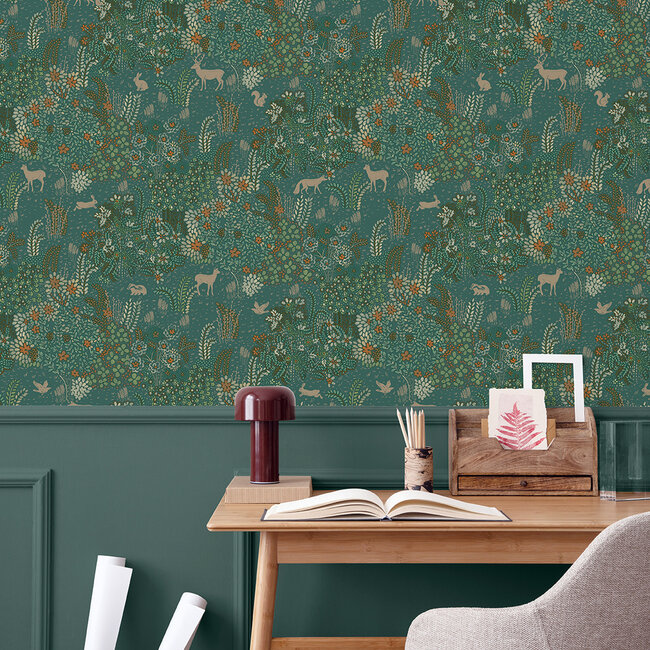 Dutch Wallcoverings Dutch Wallcoverings - Flora- bosdieren groen - M867-04 - Vliesbehang - 53cm x 10m