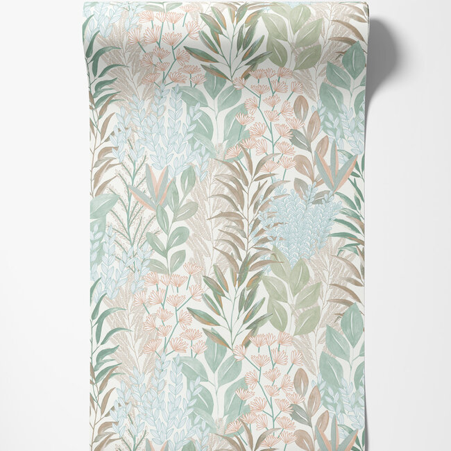 Dutch Wallcoverings Dutch Wallcoverings - Flora- tropische bladeren wit/l.groen - M869-01 - Vliesbehang - 53cm x 10m
