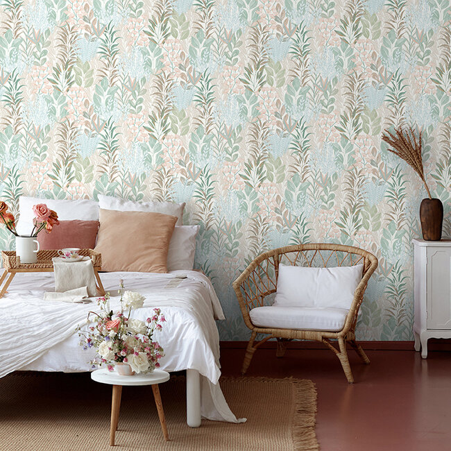 Dutch Wallcoverings Dutch Wallcoverings - Flora- tropische bladeren wit/l.groen - M869-01 - Vliesbehang - 53cm x 10m