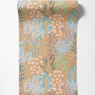 Dutch Wallcoverings Dutch Wallcoverings - Flora- tropische bladeren oker/blauw - M869-02 Dutch Wallcoverings Dutch Wallcoverings - Flora- tropische bladeren oker/blauw - M869-02