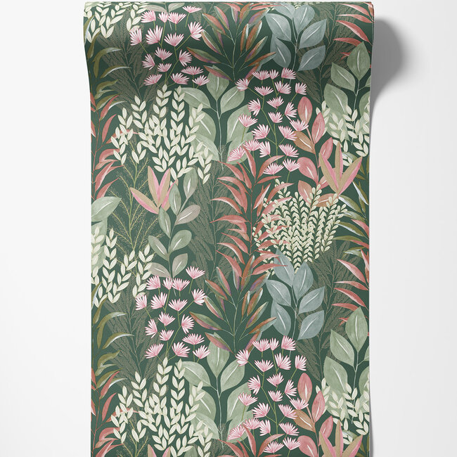 Dutch Wallcoverings Dutch Wallcoverings - Flora- tropische bladeren groen/roze - M869-04 - Vliesbehang - 53cm x 10m