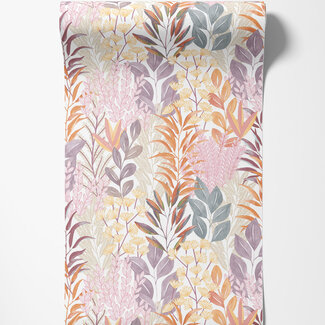 Dutch Wallcoverings Dutch Wallcoverings - Flora- tropische bladeren paars/oranje - M869-05 Dutch Wallcoverings Dutch Wallcoverings - Flora- tropische bladeren paars/oranje - M869-05