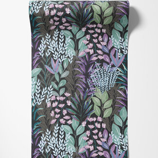 Dutch Wallcoverings Dutch Wallcoverings - Flora- tropische bladeren zwart/grn/paars - M869-06