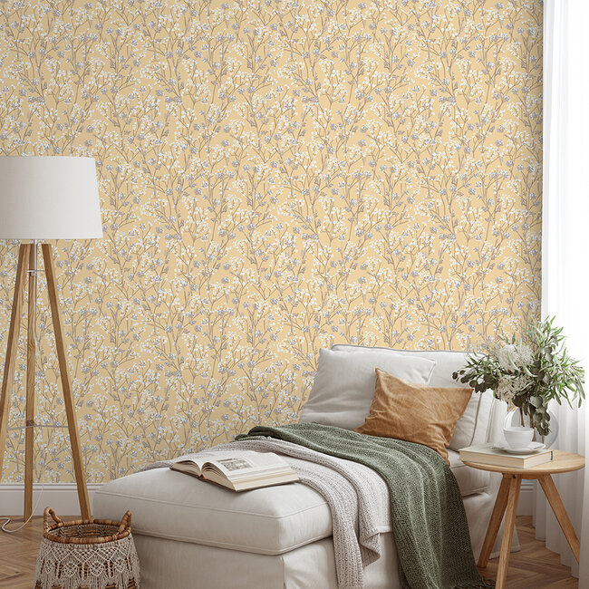 Dutch Wallcoverings Dutch Wallcoverings - Flora- bloesem beige/blauw - M880-02 - Vliesbehang - 53cm x 10m