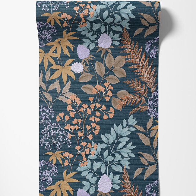 Dutch Wallcoverings Dutch Wallcoverings - Flora- bladeren d.blauw/beige - M871-01 - Vliesbehang - 53cm x 10m