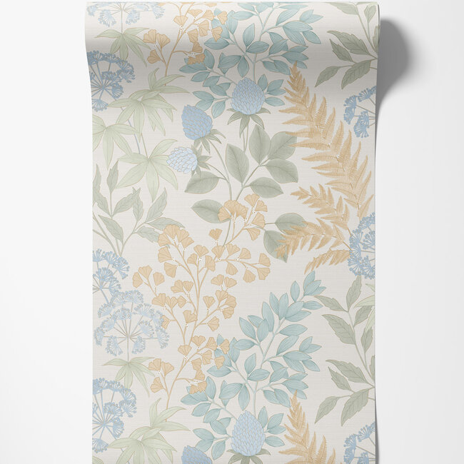 Dutch Wallcoverings Dutch Wallcoverings - Flora- bladeren wit/blauw/groen - M871-07 - Vliesbehang - 53cm x 10m